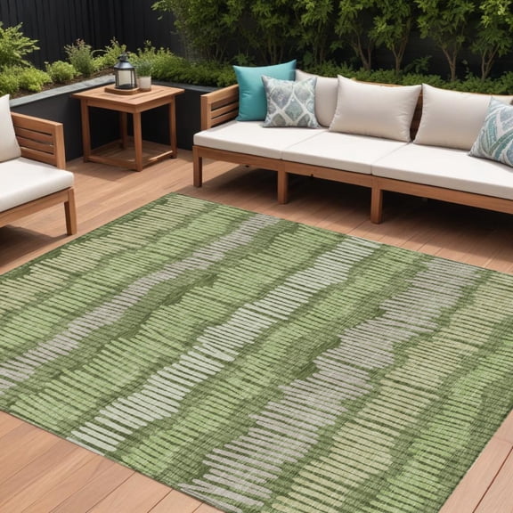 HomeRoots 592496 10 x 14 ft. Olive Green & Gray Striped Washable Indoor & Outdoor Rectangle Area Rug