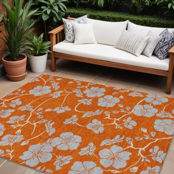 HomeRoots 600035 10 x 14 ft. Orange & Gray Floral Washable Indoor & Outdoor Rectangle Area Rug