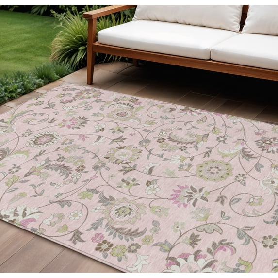 HomeRoots 597841 10 x 14 ft. Pink, Green & Gray Floral Washable Indoor & Outdoor Rectangle Area Rug