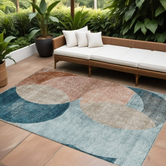 HomeRoots 604940 10 x 14 ft. Rust, Beige & Teal Blue Geometric Washable Indoor & Outdoor Rectangle Area Rug