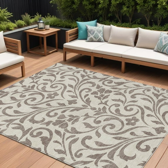 10' X 14' Taupe Floral Washable Indoor Outdoor Area Rug