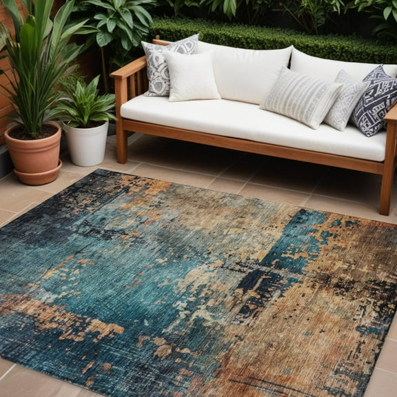 HomeRoots 606079 10 x 14 ft. Teal Blue, Black & Copper Abstract Washable Indoor & Outdoor Rectangle Area Rug