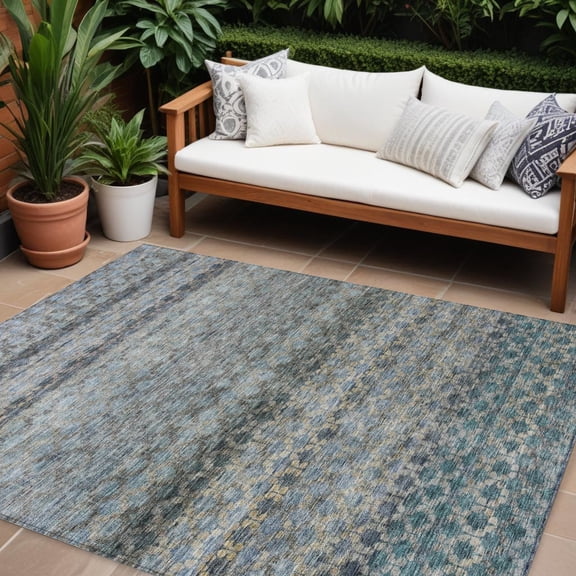 HomeRoots 605698 10 x 14 ft. Teal Blue, Light Blue & Gray Striped Washable Indoor & Outdoor Rectangle Area Rug
