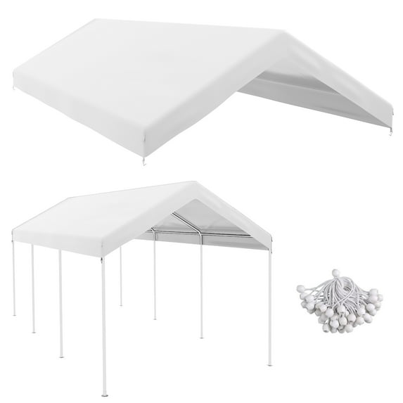 10' X 20' Carport Replacement Top Canopy Cover, Waterproof And Uv Protected Garage Car Port Cover With Ball Bungee Cords, White (Only Cover)