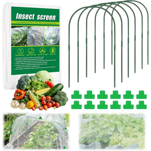 10 X 33 FT Garden Mesh Netting Kit Pest Barrier for Raised Beds, Fruit Tree Netting with 6 Sets Garden Hoops & 12 Clips for Cicadas Bird Insect, Blueberry Bush Netting Cover for Garden Protection