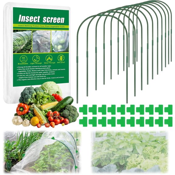 10 X 50 FT Garden Mesh Netting Kit Pest Barrier for Raised Beds, Fruit Tree Netting with 10 Sets Garden Hoops & 20 Clips for Cicadas Bird Insect, Blueberry Bush Netting Cover for Garden Protection
