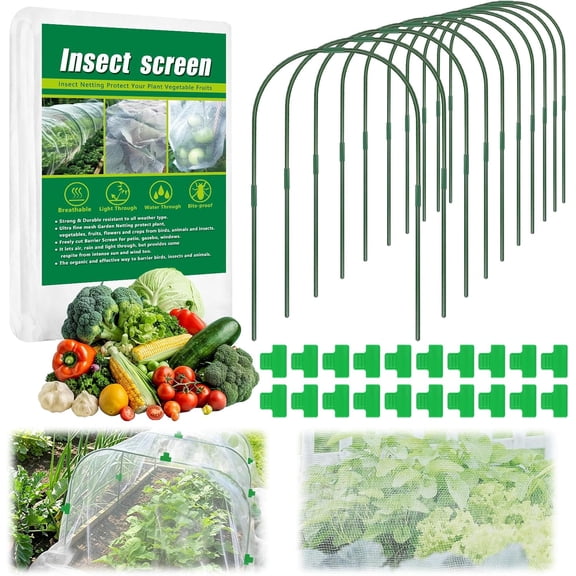 10 X 50 FT Garden Mesh Netting Kit Pest Barrier for Raised Beds, Fruit Tree Netting with 10 Sets Garden Hoops & 20 Clips for Cicadas Bird Insect, Blueberry Bush Netting Cover for Garden Protection