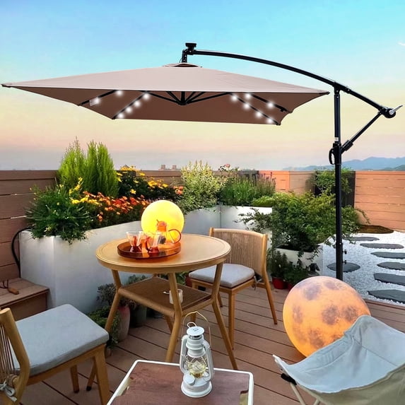 10 X 6.5 FT Outdoor Patio Umbrella with Solar Lights, Rectangle LED Solar Powered Umbrella Tilt Adjustable Resistant Fabric and Sturdy Cross Base, Large Sun Umbrella For Garden Pool Beach, Mushroom