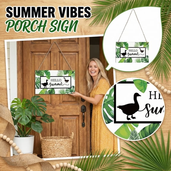 10 X 6 Inch Wooden Porch Sign, Engaging / Interactive Goose Pattern Summer Themed Hanging Plaque With Fresh Green Leaf Decor, Weather Resistant Wall Art For Front Door, Porch, Patio Decor For Home &