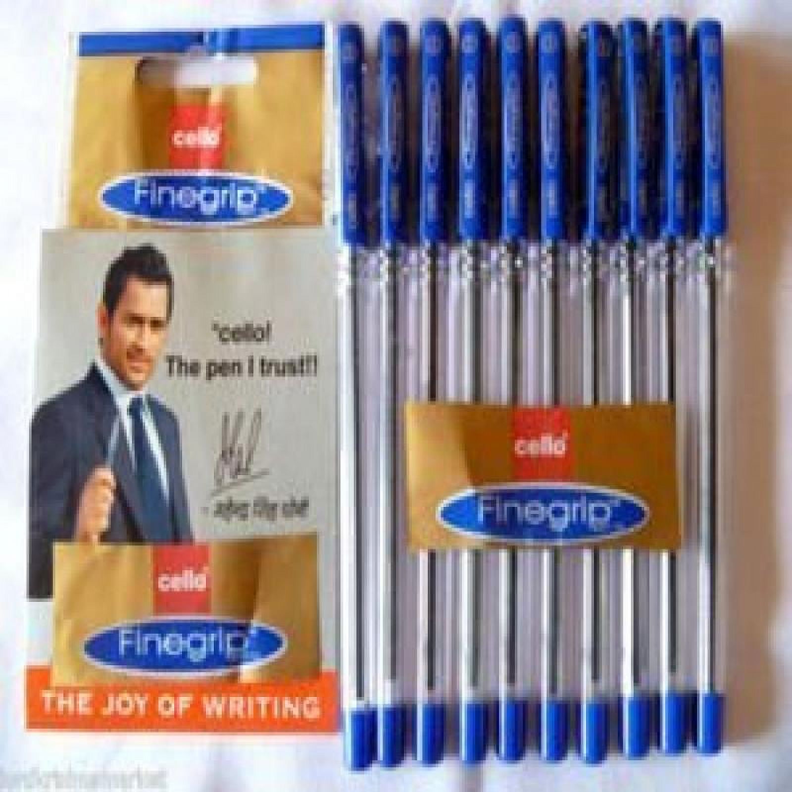 10 X Cello Fine Grip Non-stop Writing Ball Point Pen BLUE Ink Writing Ballpoint Pen # Brand Ad By Indian Cricketer Mahindera Singh Dhoni