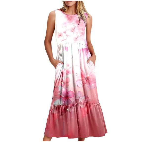 Under $10! Xqxayjr Summer Maxi Sun Dresses with Pockets for Womens Vintage Floral Print Crewneck Casual Pleated Trendy Beach Party Dress Sleeveless Aline Flowy Tiered 2025 Graduation Dress