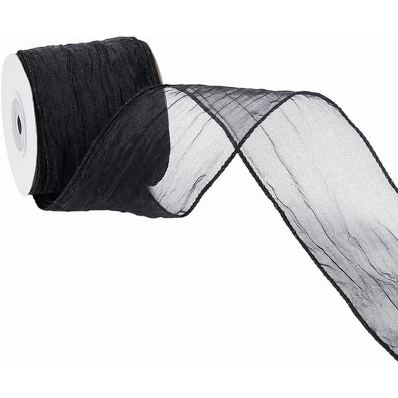 10 Yard/1 Roll Cadet Black Ribbon Sheer Organza Ribbon Wired Silk Crushed Ribbons Metallic Wire Edge for Bouquet Ribbons