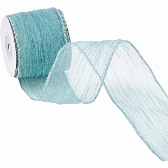10 Yard/1 Roll Cadet Blue Wired Ribbon Sheer Organza Ribbon Wired Silk Crushed Ribbons Metallic Wire Edge for Bouquet Ribbons
