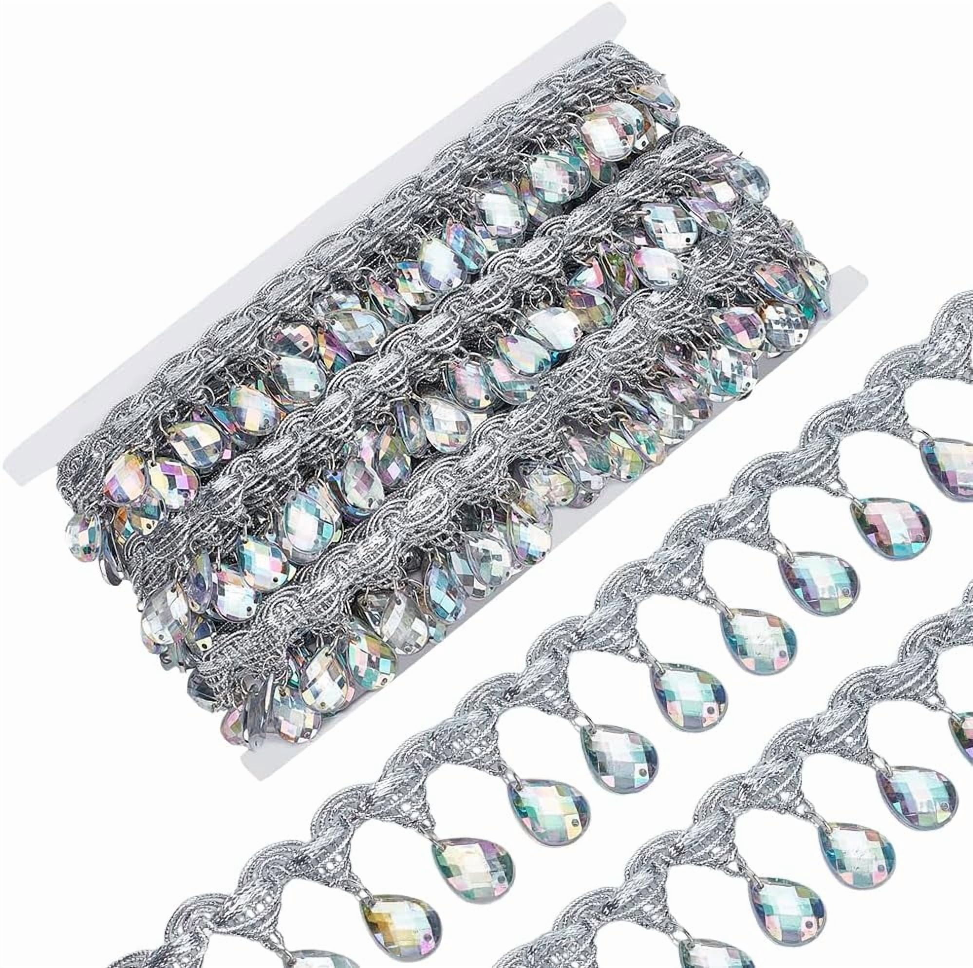 10 Yard 10 Yard Hanging Beads Fringe Lace 1.5 inch Wide Polyester Sewing Fringe Tassel Trim Silver Trim with Crystal Pendant for Sewing Cafts Wedding Party Decoration