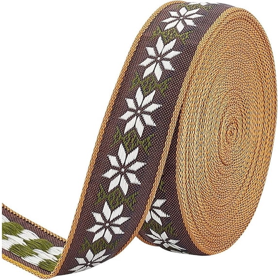 10 Yard Coconut Brown Tyrolean Ribbon Trim 0.8 inch Wide 8 Petals White Floral Pattern Woven Jacquard Trim Ethnic Style Embroidery Polyester Ribbons for Gift Wrapping DIY Craft Sewing