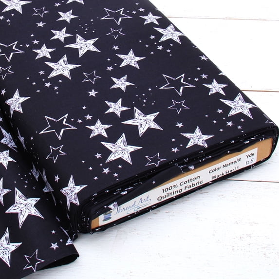 10 Yard Cut Threadart Premium Cotton Quilting Fabric - Black Star 1 - 44" Width - 100% Cotton - Quilting, Sewing, Crafts
