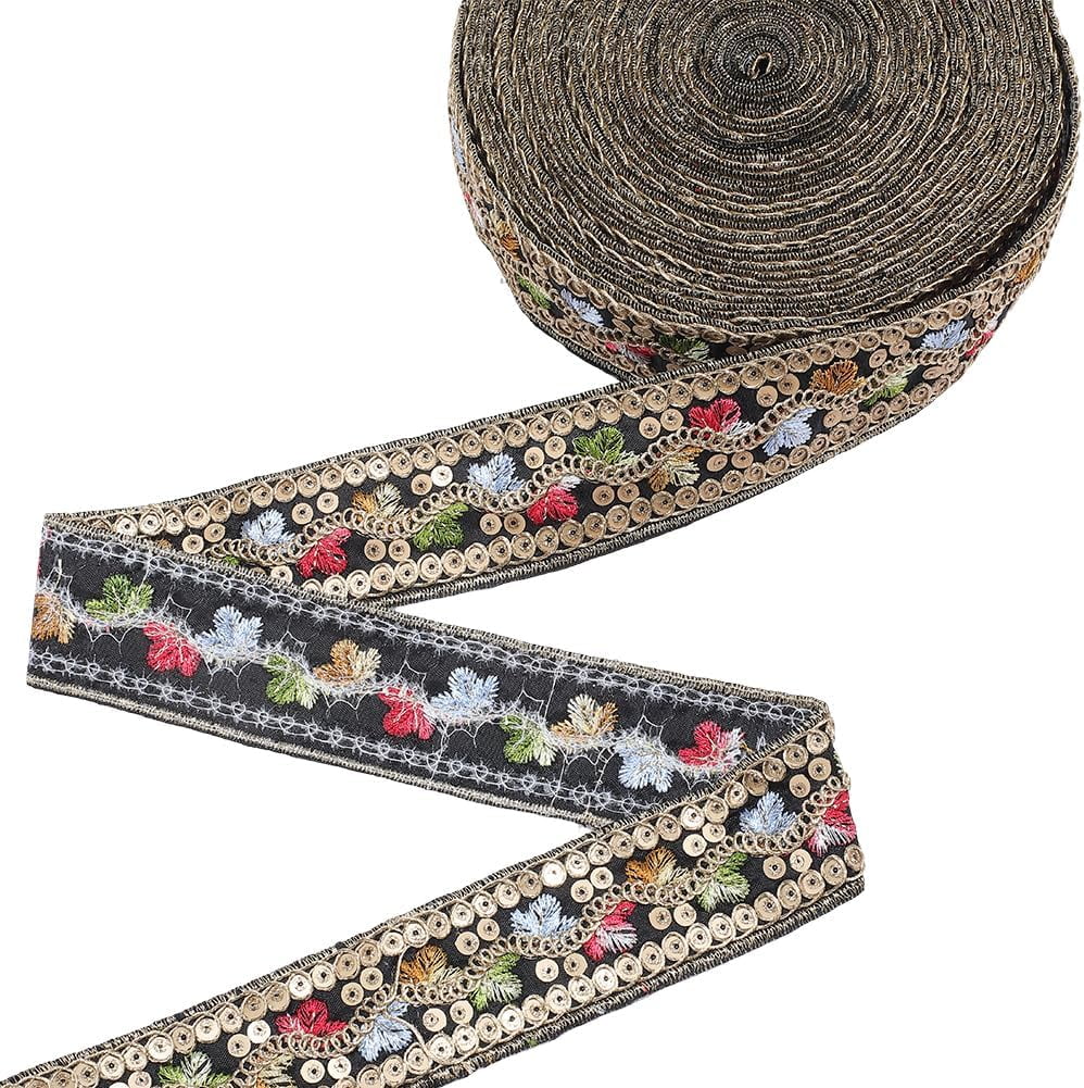 10 Yard Embroidered Black Ribbon Ethnic Jacquard Gold Edge Metallic ...
