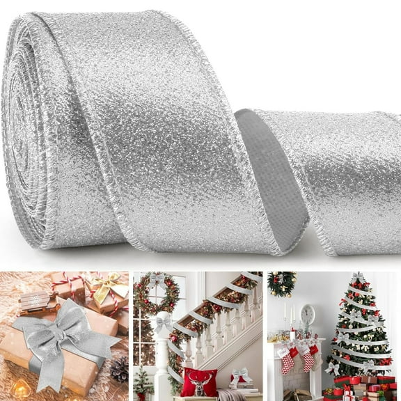 10 Yard Glitter Wired Ribbon Christmas Ribbon Sparkling Metallic Ribbon Wired Ribbon Wired Edge Ribbon for Gift Wrapping Crafts Sewing Christmas Wedding Wreath Decor,1 Roll Silver,2.5 in,Topboutique