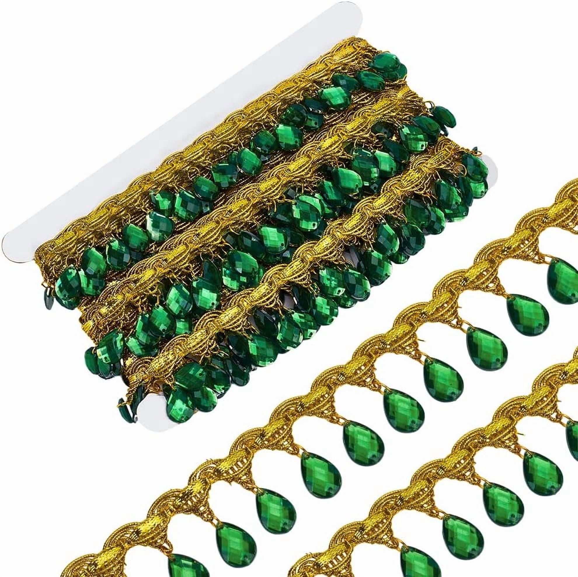 10 Yard Hanging Beads Fringe Lace 1.5 inch Wide Polyester Sewing Fringe Tassel Trim Gold Trim with Green Pendant for Sewing Cafts Wedding Party Decoration for diy