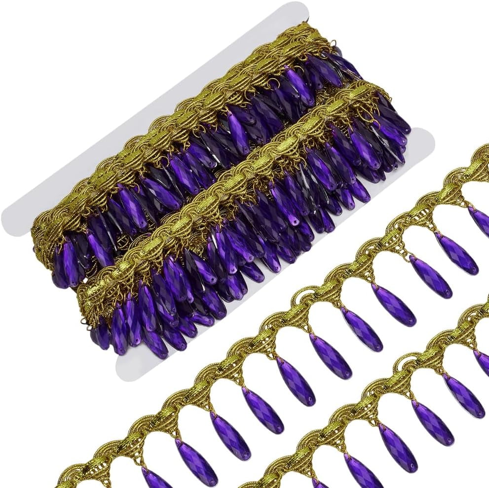10 Yard Hanging Beads Fringe Lace 1.7 inch Wide Polyester Sewing Fringe Tassel Trim Gold Trim with Blue Purple Pendant for Sewing Cafts Wedding Party Decoration