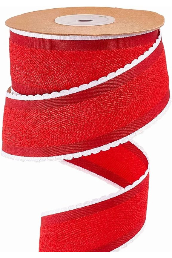 10 Yard Herringbone Ribbon 1.5 Inch Wired Felt Ribbon Red Double Sided Raw Edge Frayed Christmas Striped Fabric Trim with White Lace for Gift Wrapping DIY Crafts Wedding Home Decor