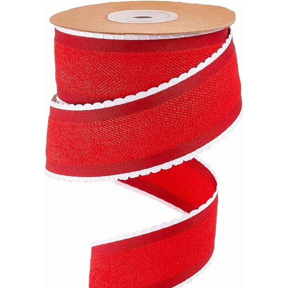 10 Yard Herringbone Ribbon 1.5 Inch Wired Felt Ribbon Red Double Sided Raw Edge Frayed Christmas Striped Fabric Trim with White Lace for Gift Wrapping DIY Crafts Wedding Home Decor 1roll