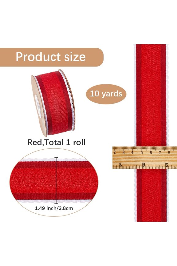 10 Yard Herringbone Ribbon 1.5 Inch Wired Felt Ribbon Red Double Sided Raw Edge Frayed Christmas Striped Fabric Trim with White Lace for Gift Wrapping DIY Crafts Wedding Home Decor