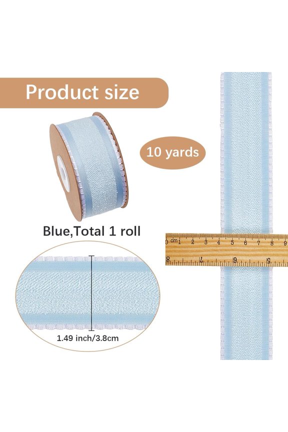 10 Yard Herringbone Striped Ribbon 1.5 Inch Wired Felt Ribbon Blue Double Sided Raw Edge Frayed Christmas Fabric Trim with White Lace for Gift Wrapping DIY Crafts Wedding Home Decor