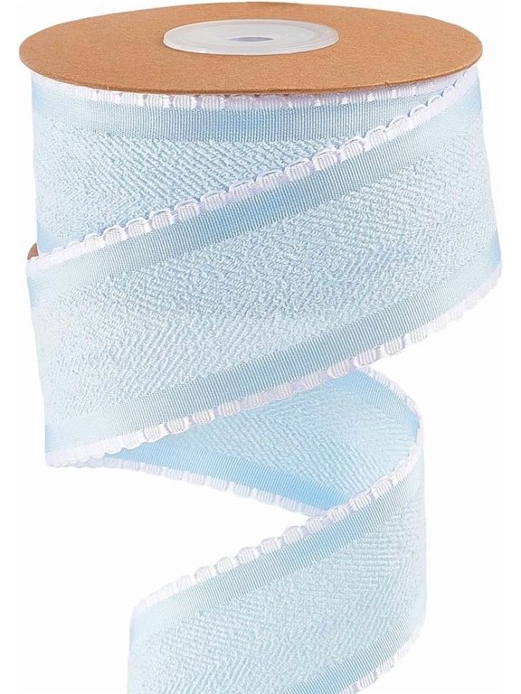 10 Yard Herringbone Striped Ribbon 1.5 Inch Wired Felt Ribbon Blue Double Sided Raw Edge Frayed Christmas Fabric Trim with White Lace for Gift Wrapping DIY Crafts Wedding Home Decor Light Blue
