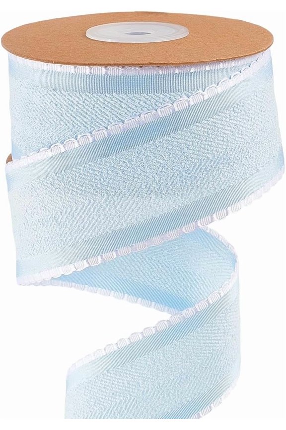 10 Yard Herringbone Striped Ribbon 1.5 Inch Wired Felt Ribbon Blue Double Sided Raw Edge Frayed Christmas Fabric Trim with White Lace for Gift Wrapping DIY Crafts Wedding Home Decor Light Blue