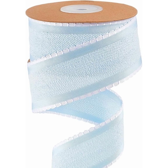 10 Yard Herringbone Striped Ribbon 1.5 Inch Wired Felt Ribbon Blue Double Sided Raw Edge Frayed Christmas Fabric Trim with White Lace