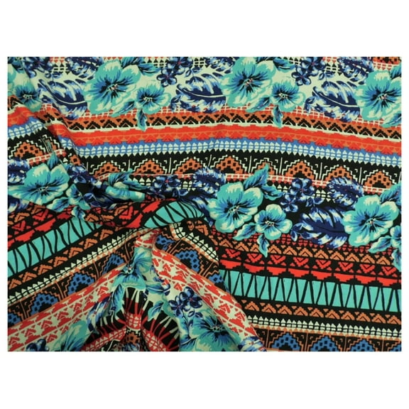 10 Yard Lot Challis Rayon Apparel Fabric Tropical Floral Aztec Aqua Blue Red White F406 10 Yard Lot (continuous)