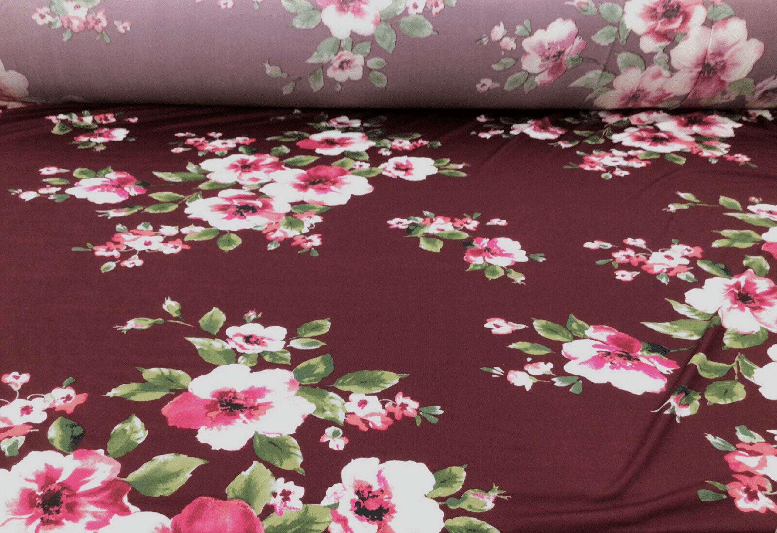 10 Yard Lot Printed DTY Spandex Stretch Apparel Fabric Burgundy Maroon Green Floral J223