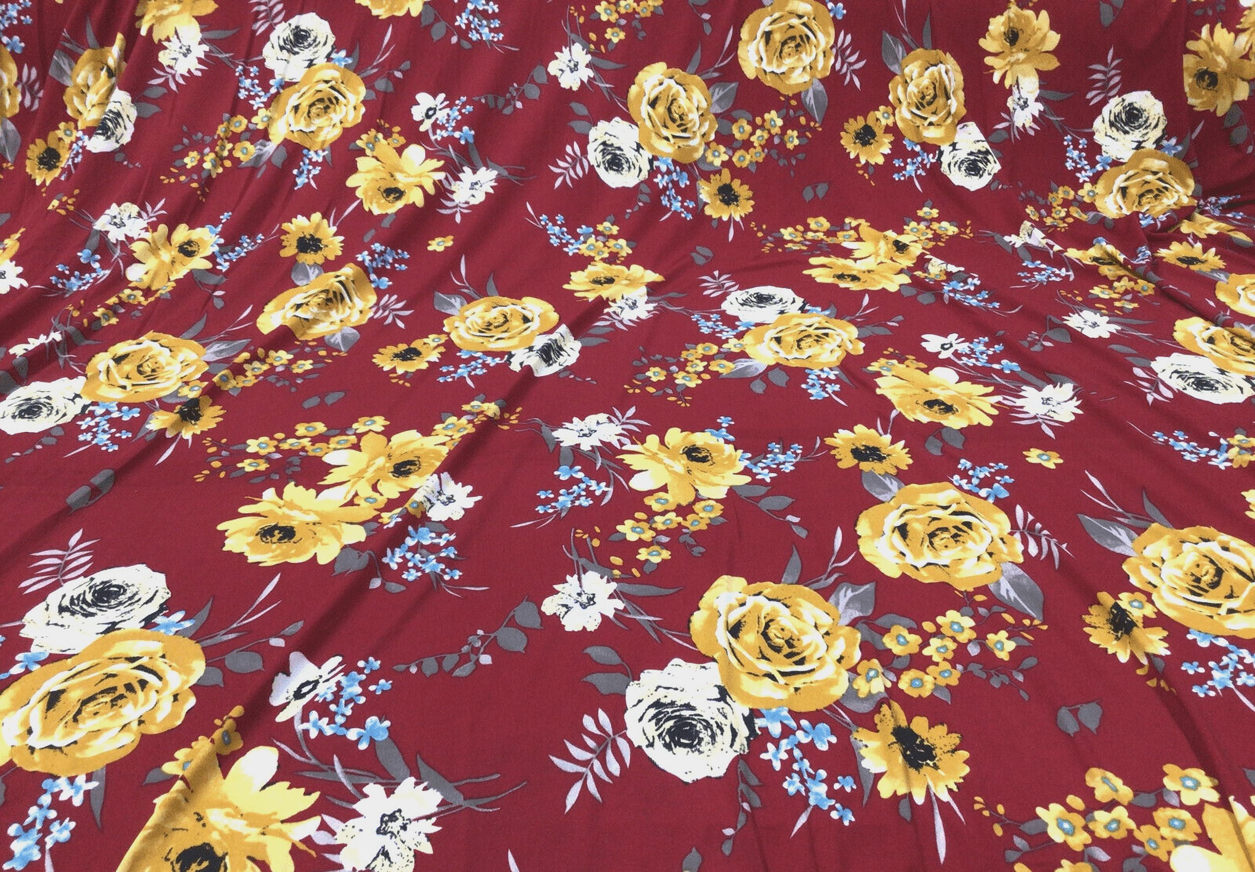 10 Yard Lot Printed DTY Spandex Stretch Apparel Fabric Golden Yellow Dark Red Floral I312