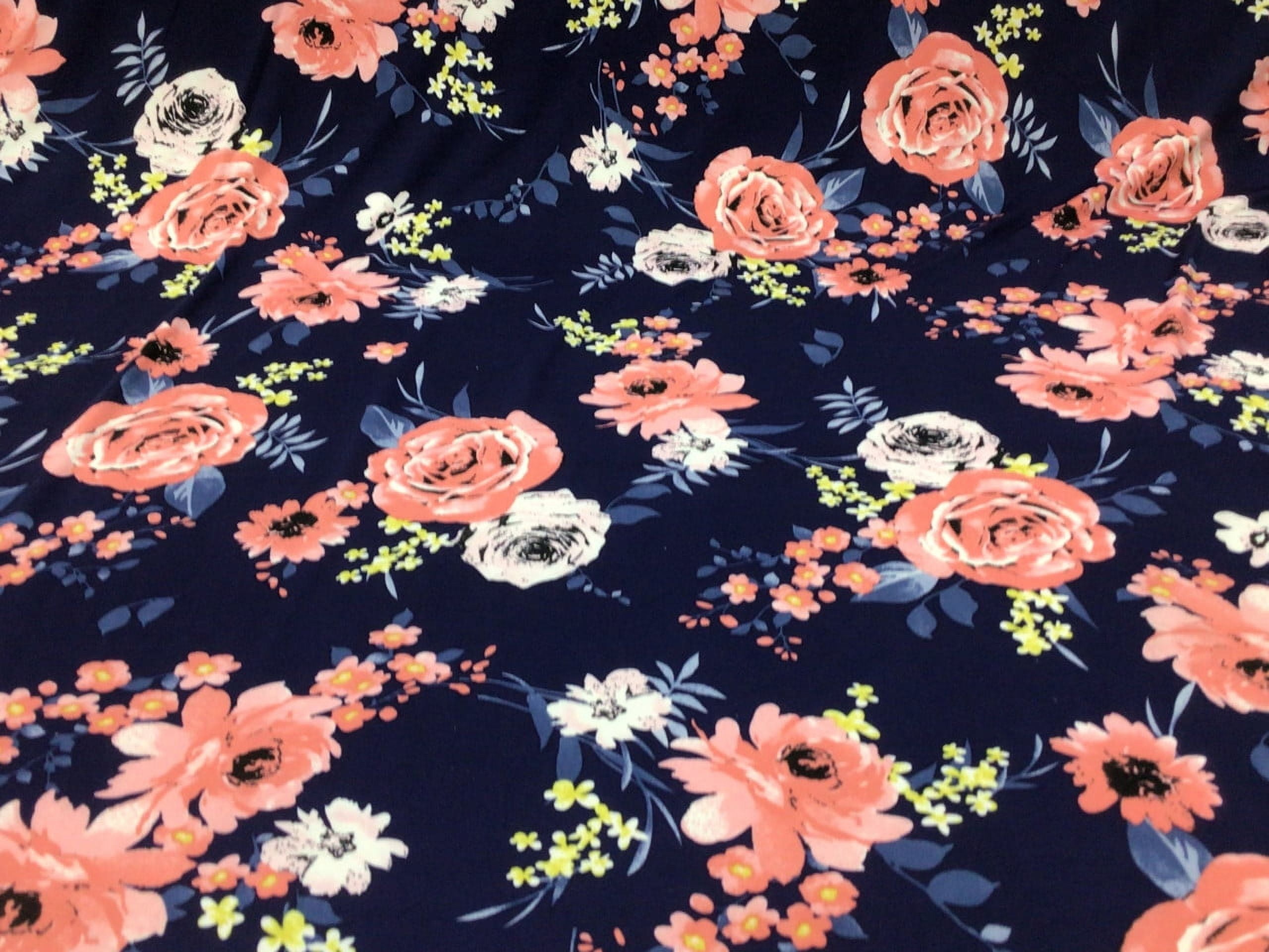 10 Yard Lot Printed DTY Spandex Stretch Apparel Fabric Navy Peach Pink Yellow Floral J310