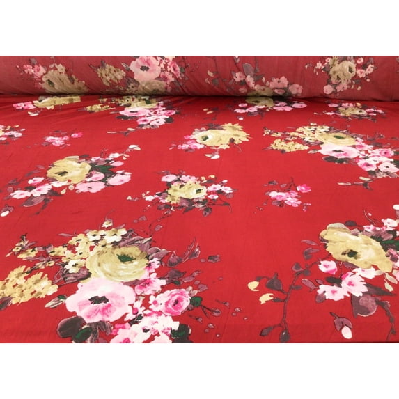 10 Yard Lot Printed DTY Spandex Stretch Apparel Fabric Red Tan Pink Burgundy Floral J410