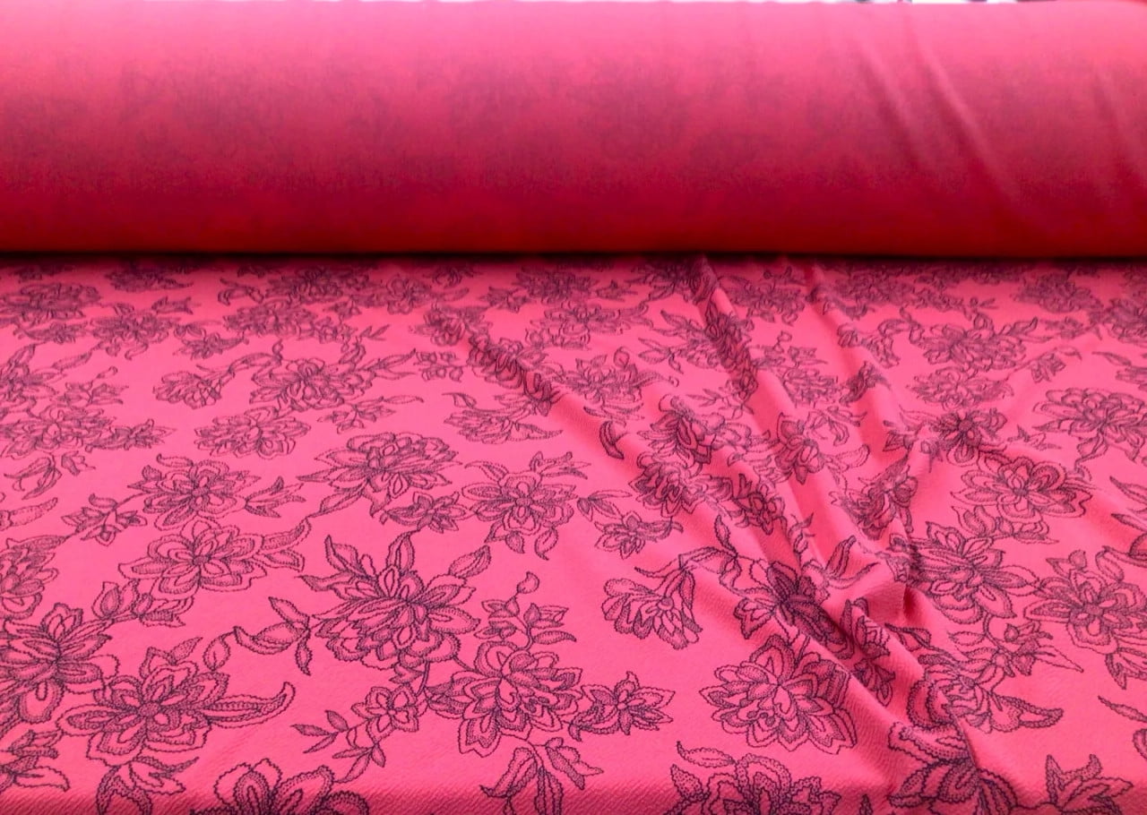 10 Yard Lot Printed Liverpool Textured Fabric 4 way Stretch Coral Pink Black Floral O25