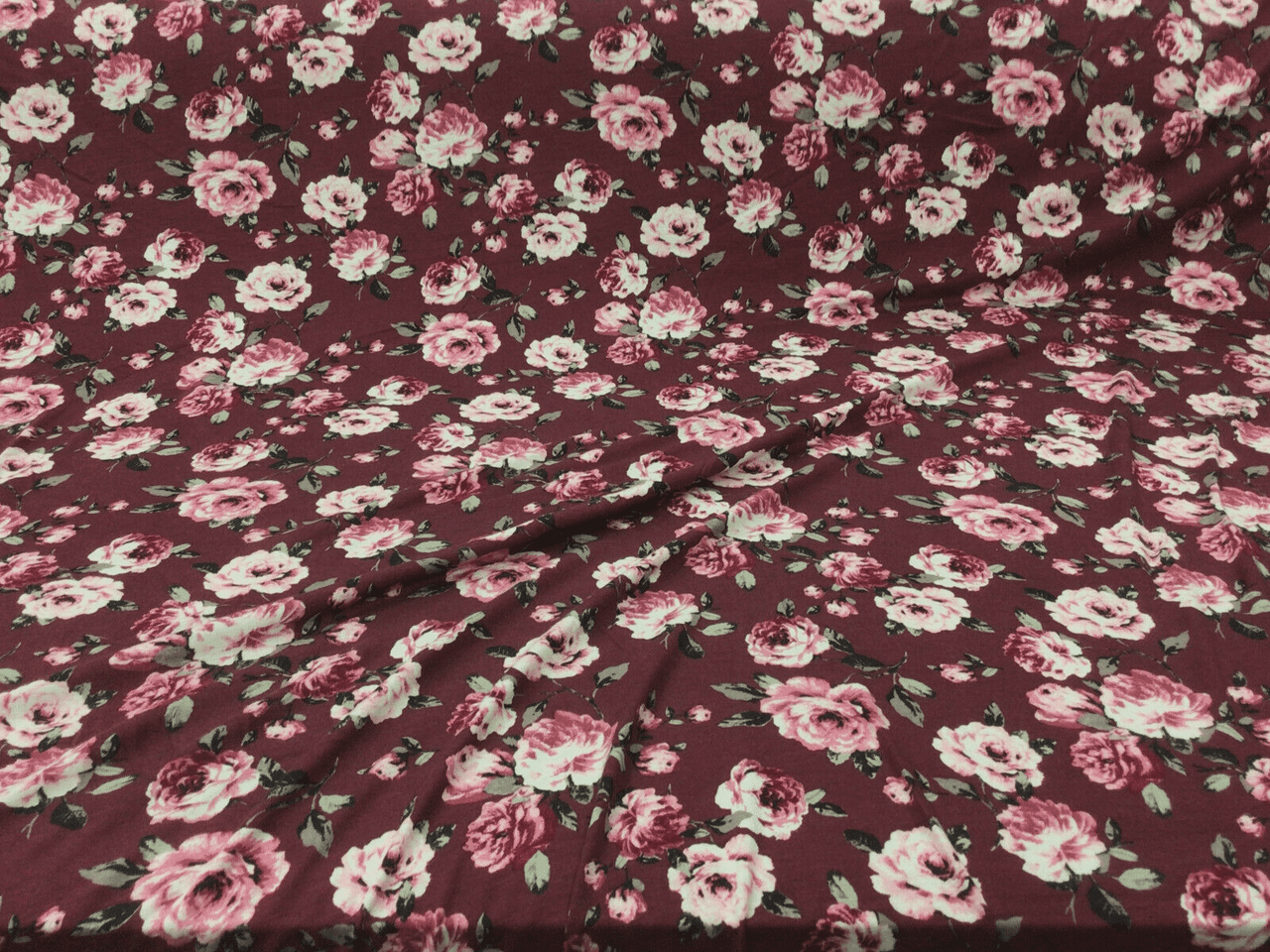 10 Yard Lot Printed Rayon Spandex 4 way Stretch Apparel Fabric Burgundy Mauve Floral G302