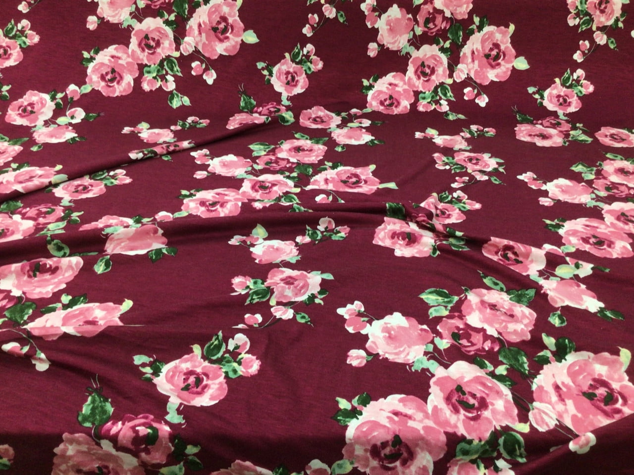 10 Yard Lot Printed Rayon Spandex 4 way Stretch Apparel Fabric Burgundy Mauve Floral H201