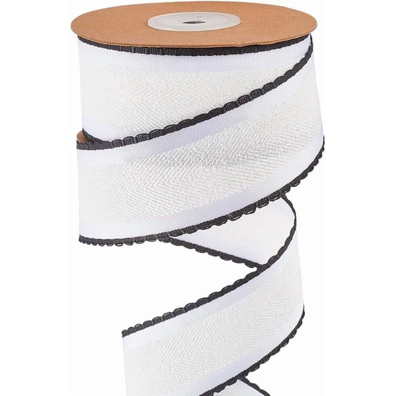 10 Yard Raw Edge Ribbon 1.5 Inch Wired Felt Ribbon White Double Sided Herringbone Striped Frayed Christmas Fabric Trim with Black Lace for Gift Wrapping DIY Crafts Wedding Home Decor