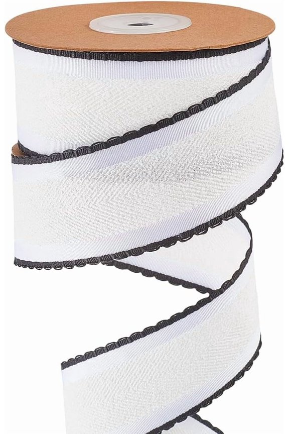 10 Yard Raw Edge Ribbon 1.5 Inch Wired Felt Ribbon White Double Sided Herringbone Striped Frayed Christmas Fabric Trim with Black Lace for Gift Wrapping DIY Crafts Wedding Home Decor White 1roll