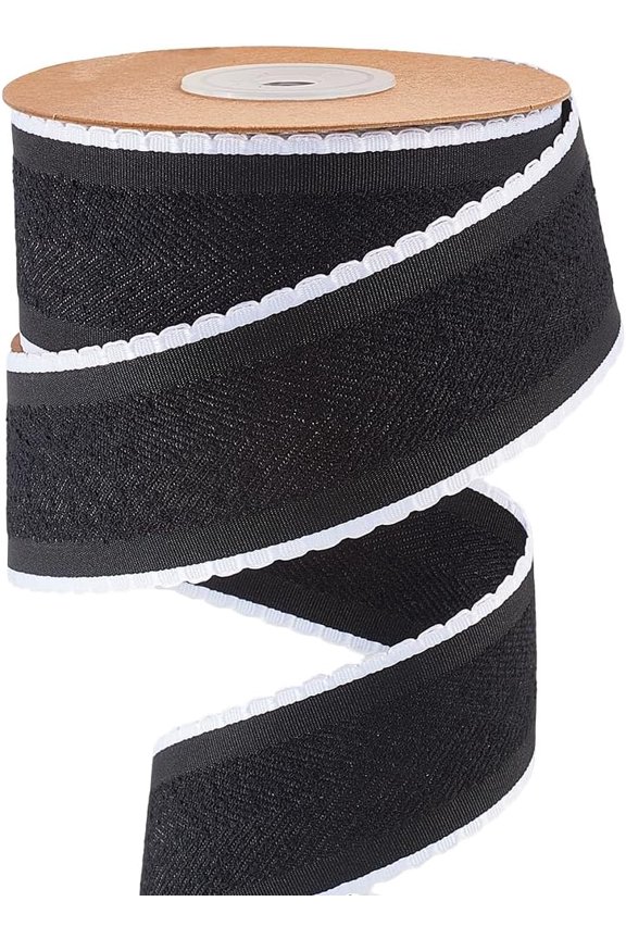 10 Yard Striped Ribbon 1.5 Inch Wired Felt Ribbon Black Double Sided Herringbone Raw Edge Frayed Christmas Fabric Trim with White Lace for Gift Wrapping Crafts Wedding Home Decor Black DIY