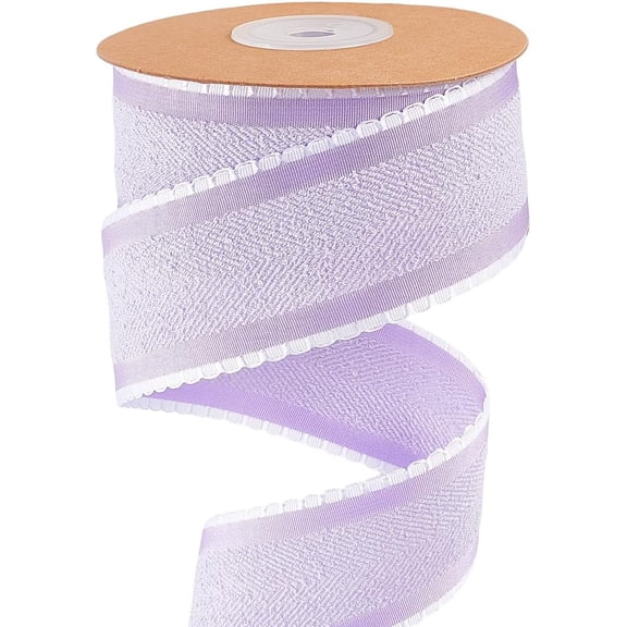 10 Yard Wired Felt Ribbon 1.5 Inch Herringbone Striped Ribbon Violet Double Sided Raw Edge Frayed Christmas Fabric Trim with White Lace for Gift Wrapping DIY Crafts Wedding Home Decor Violet