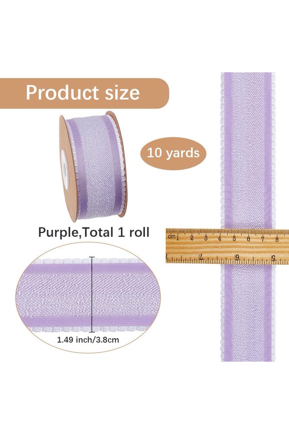 10 Yard Wired Felt Ribbon 1.5 Inch Herringbone Striped Ribbon Violet Double Sided Raw Edge Frayed Christmas Fabric Trim with White Lace for Gift Wrapping DIY Crafts Wedding Home Decor