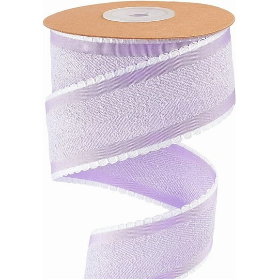 10 Yard Wired Felt Ribbon 1.5 Inch Herringbone Striped Ribbon Violet Double Sided Raw Edge Frayed Christmas Fabric Trim with White Lace