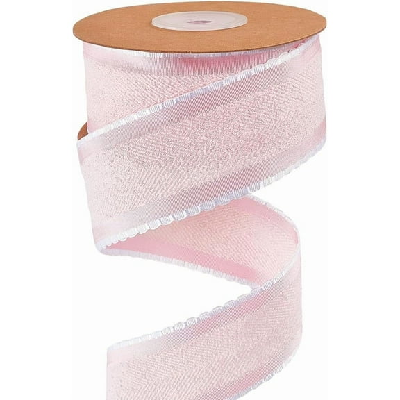 10 Yard Wired Felt Ribbon 1.5 Inch Raw Edge Ribbon Pink Double Sided Herringbone Striped Frayed Christmas Fabric Trim with White Lace