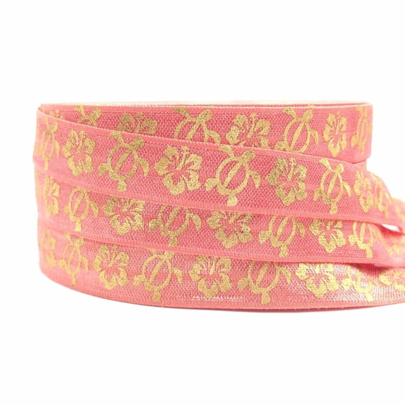 10 Yard/lot Gold Foil Turtle Flower Printed Fold Over Elastic Ribbon for Craft DIY Gift Wrapping Headwear