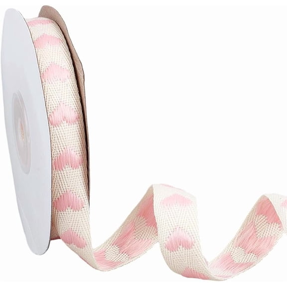 10 Yards 0.63 Inch Pink Heart Cotton Ribbon Stitched Natural Twill Tape Love Hearts Embroidery Roll Ribbons Craft Supply