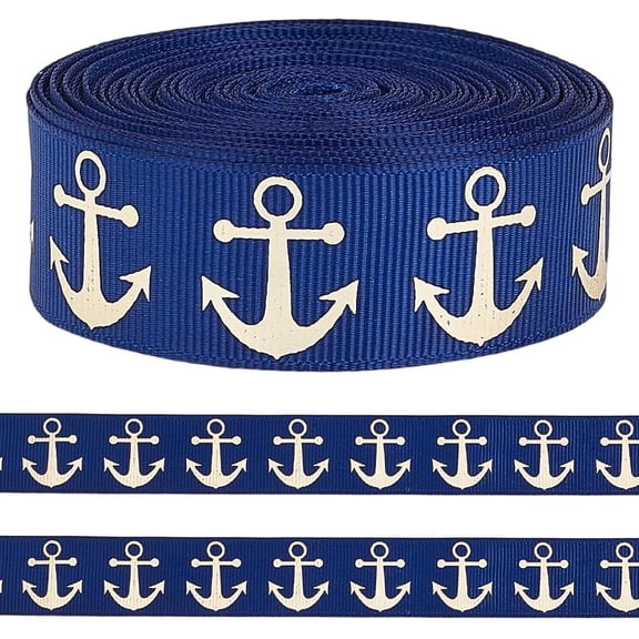 10 Yards 0.88 Inch Navy Blue Anchor Grosgrain Ribbon Gold Marine Rudder Nautical Webbing Strap Fabric Ribbons