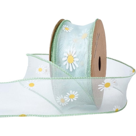 10 Yards 1 5/8 Inch Floral Printed Sheer Trim Spring Green Daisy Ribbon Sun Flower Print Organza Chiffon Mesh Ribbons Bulk with Spool for DIY Sewing Making Crafts Bouquets Wreaths Decor Supply
